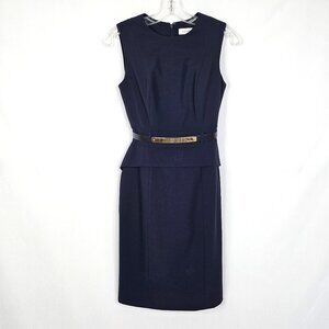 Calvin Klein Navy Peplum Sheath Dress | Gold Belt | Size 2